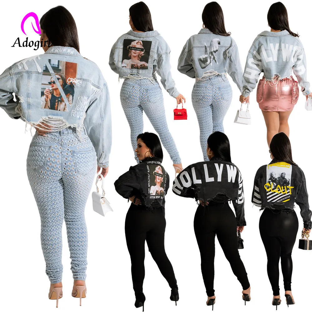 Men's Hoodies Sweatshirts Wild Women Denim Coat Long Sleeve Button Up Crop Summer Chic Workout Jacket Letter Printed Distressed Hole Outwear 230105