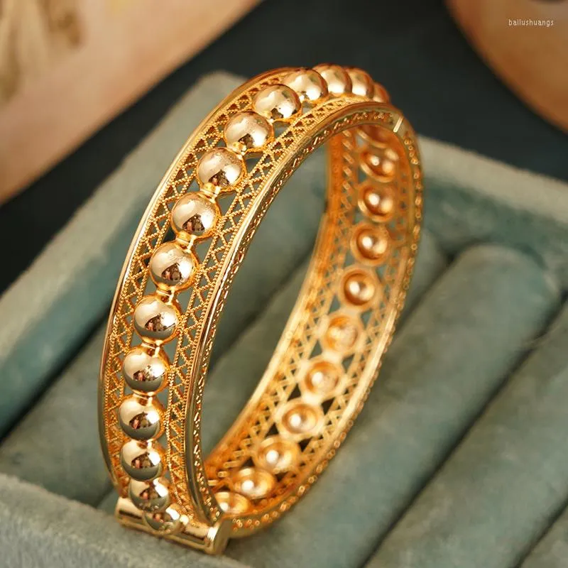 Bangle Copper Plating Gold Ball Design Hand Bangles With Hollow Lines Luxury Arabic Wedding Jewelry Side Open Cuff Bracelets