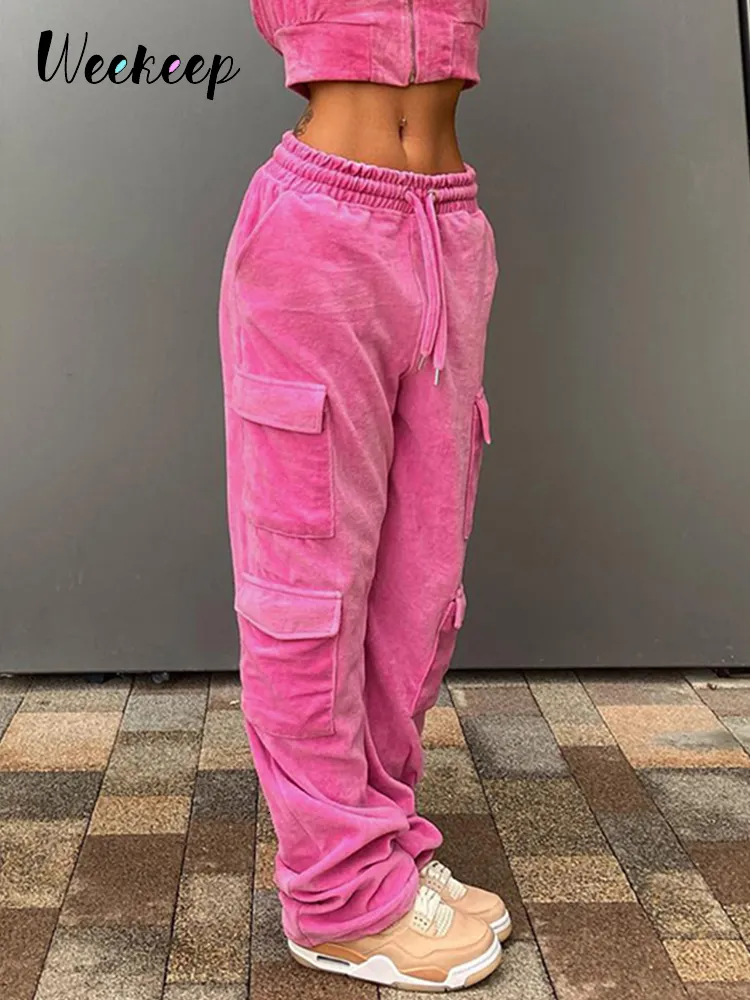 Pantaloni da donna s Weekeep Kawaii Pink Cargo y2k Cute Velvet Autunno Inverno Pantaloni sportivi a vita bassa Tasca larga Casual Donna Jogging 230105