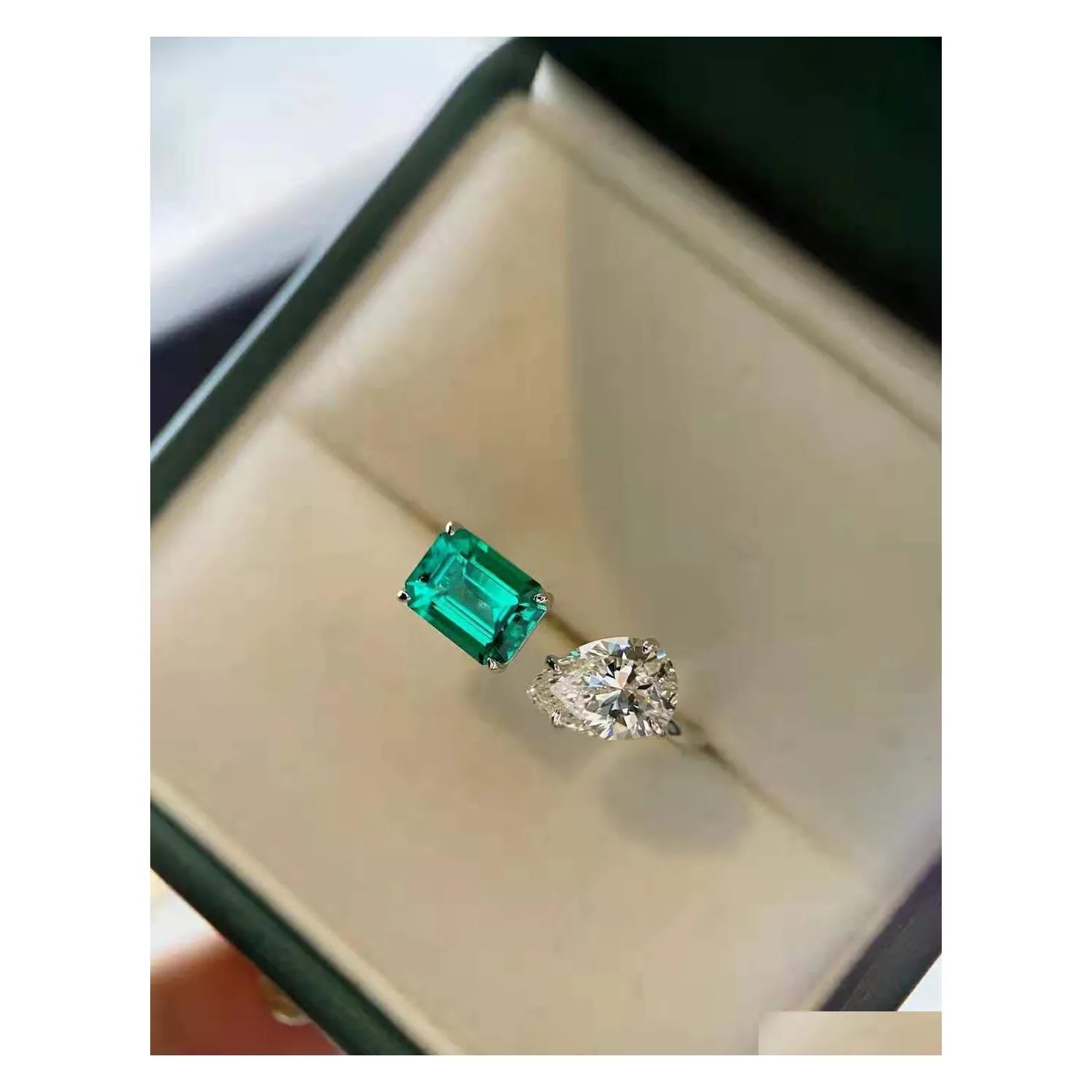 Alyanslar Ins Basit Moda Takı 925 Sterling Sier Water Drop Emerald CZ Elmas değerli taşlar Parti Sonsuzluk Kadınlar Açık Adjusab DHE6W