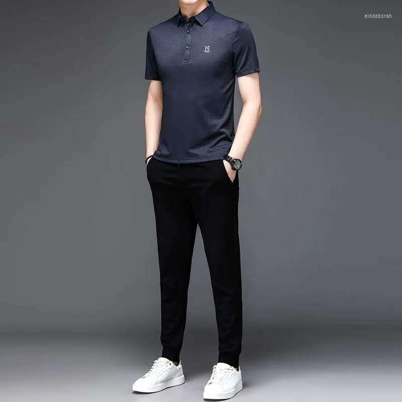 Herrspårar Minglu Summer Thin Men's Polo Shirts Set Luxury Solid Color Sports Casual Printed Male Suits Fashion Elastic Midje Man