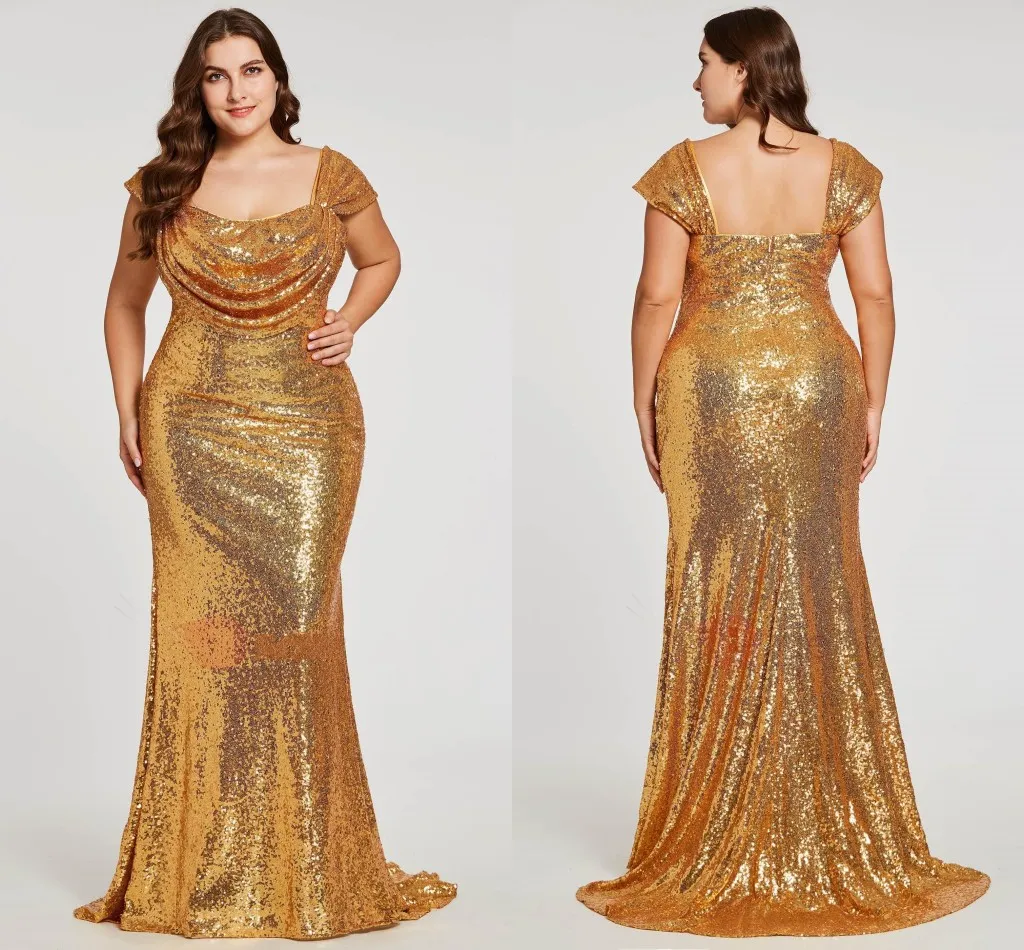 2023 Sparkly Gold Paillettes Plus Taille Soirée Robe De Bal Col Carré Sirène Fermeture À Glissière Dos Longueur De Plancher Ruché Nouveau Pageant Dress329H