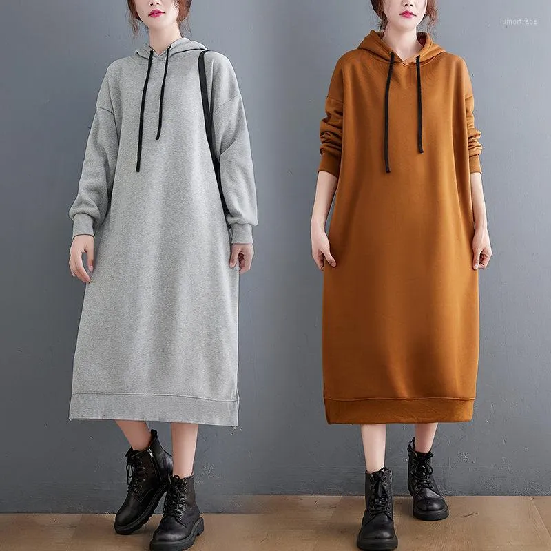 Casual Dresses Autumn 2023 Hooded Sweatshirt Dress for Women Leisure Solid Color Overized Drawstring Mid-Length Fleece Hoodie Winter M1047