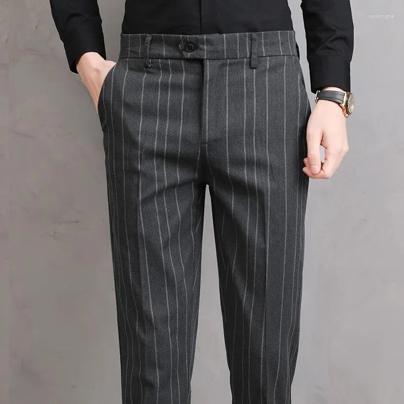 Herrkräkter Summer Thin Striped Suit Pants Men Slim Grey Black Dress Business Formal Trousers for Man 2023 Korea Style Clothing