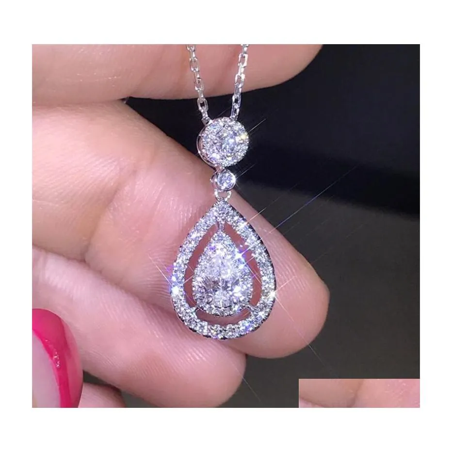 Anhänger Halsketten Victoria Funkelnder Luxusschmuck 925 Sterling Silber Roségoldfüllung Tropfen Wasser Weißer Topas Birne CZ Diamant Frauen Ch Dh3Wo