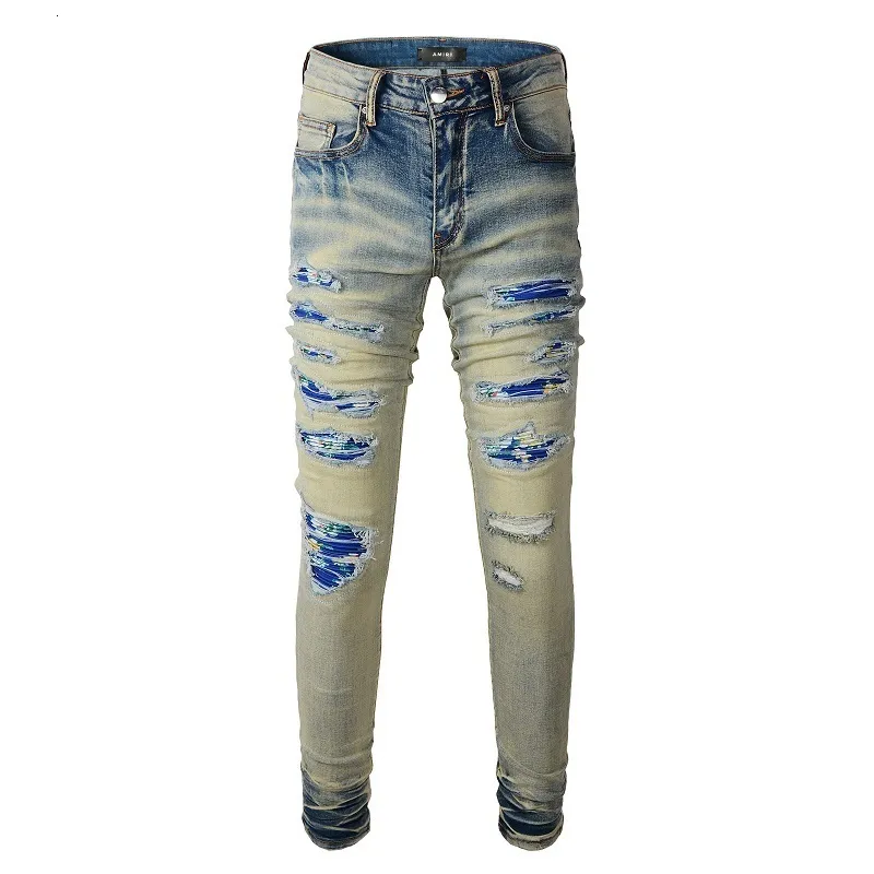 Jeans da uomo High Street Fashion Skinny Distrutto Tie Dye Blu Bandana Toppe ricamate Slim Fit Graffiato Strappato per uomo 230105