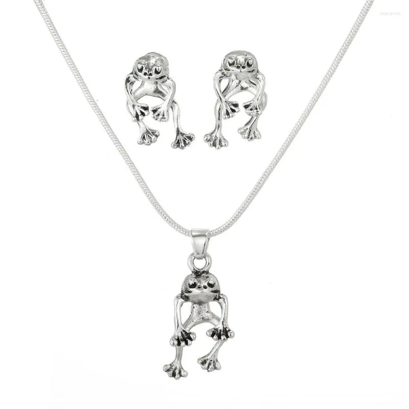 Necklace Earrings Set Retro Cute Frog Earring For Women Silver Color Gothic Animal Pirecing Stud Female Charm Jewelry Gift