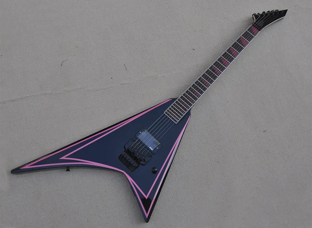 Black V Electric Guitar med rosa klistermärke Floyd Rose Rosewood Fingerboard 24 Frets kan anpassas som begäran