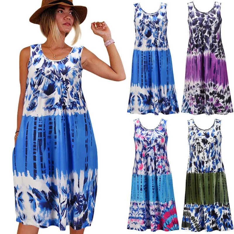 Casual Dresses Summer Women Ladies Dress Retro Tie Dye Floral Printing Sleeveless Camisole Tank Loose Sexy Daily Wear Female Clothes