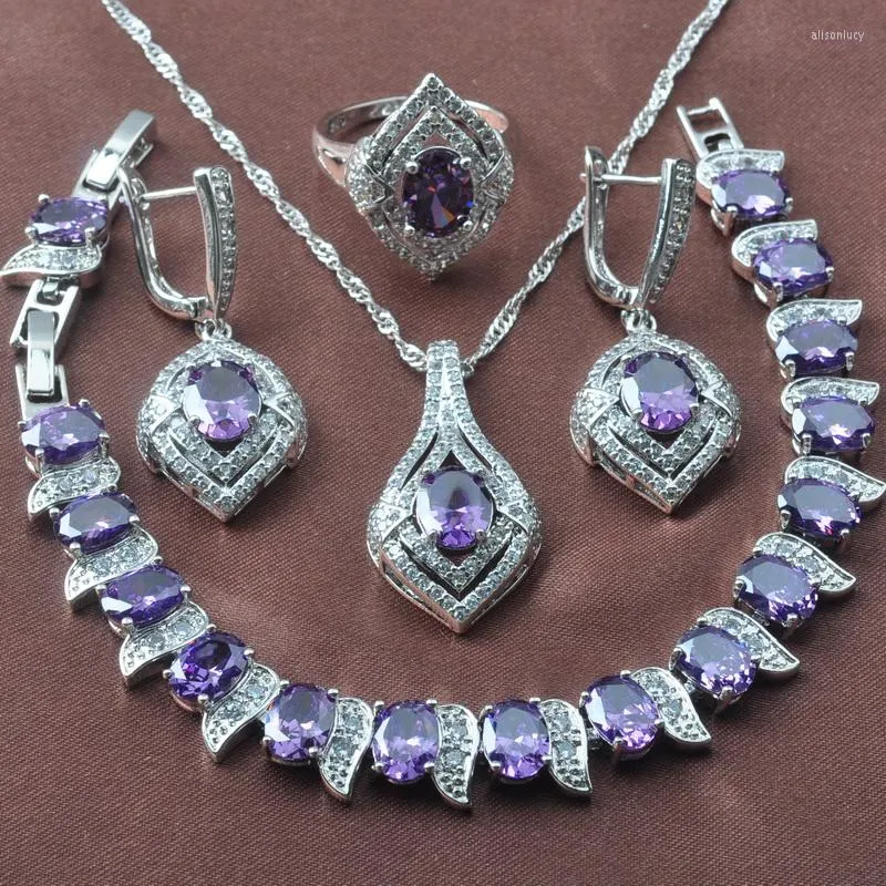 Ensemble de boucles d'oreilles et collier en cristal violet naturel pour femmes, cadeau de noël, bagues de couleur argent, Bracelet YZ0609