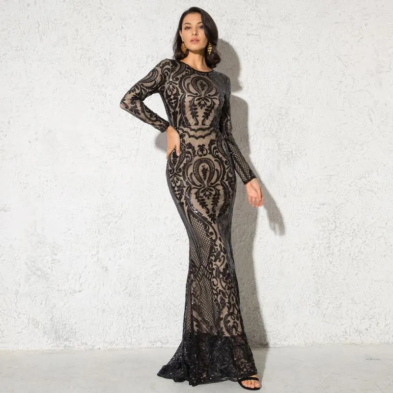 Casual Dresses Black Long Sleeve Sequined Maxi Dress Bodycon O Neck Full Längd Stretchy Autumn Winter Evening Party Gold