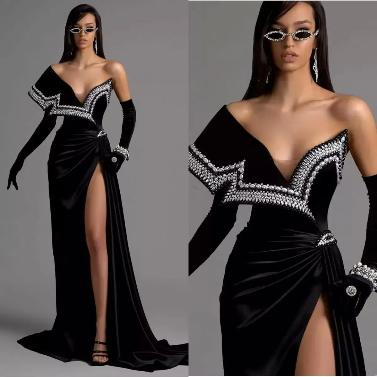 Czarne aksamitne suknie wieczorowe zamiatanie pociągu z syreny na ramię balsame sukienki high szczelinowe perły vestidos formalne sukienki celebrytów BC14884 0106