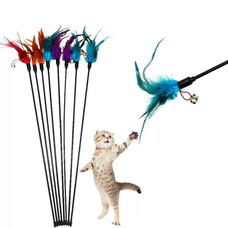 Cat Toys Feather Wand Kitten Teaser Turkiet Feathers Interactive Stick Toy Wire Chaser Wand Random Color