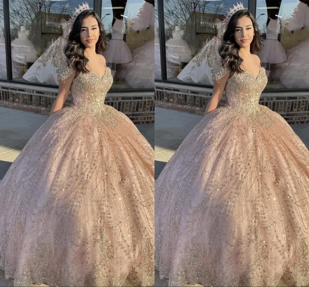 Glitter Champagne Tulle Pink Gold Quinceanera Dresses... From Lovemydress,  $79.25 | DHgate.Com