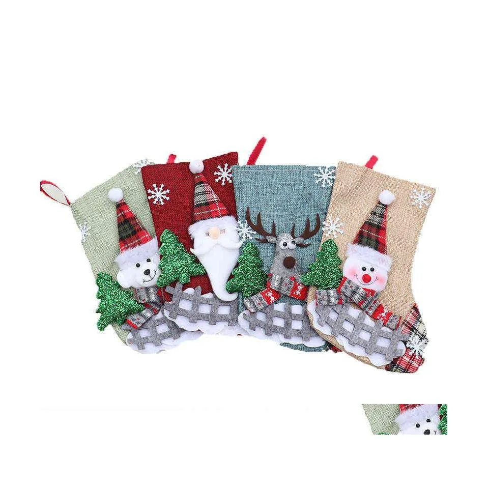 Christmas Decorations Mini Candy Gifts Stockings Cloth Santa Elk Printing Socks Xmas Lovely Gift Bag Children Fireplace Tree Decorat Dhh04