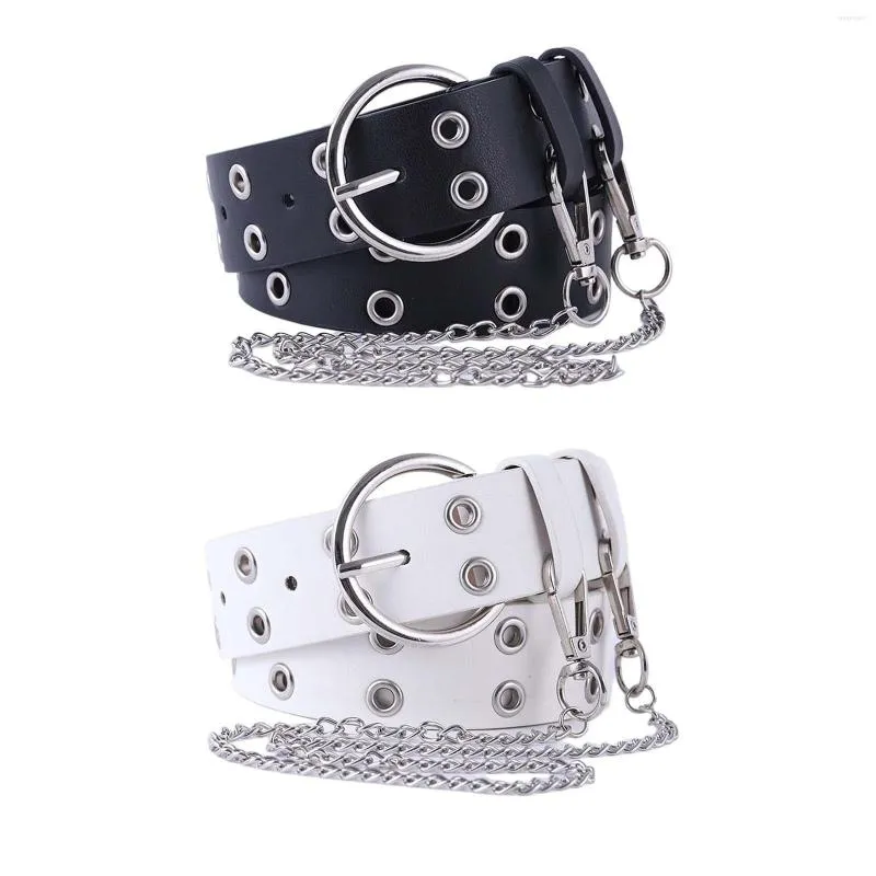 Belts Double Grommet Belt With Chain Waist Strap Metal Buckle Punk