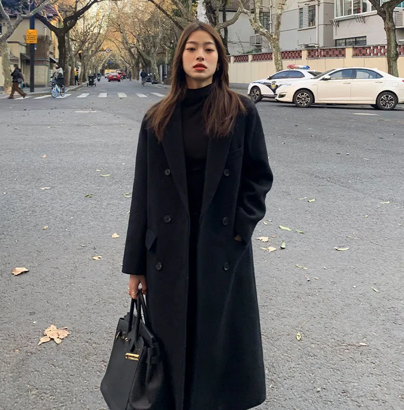 Women's Wool Blends Elegant Women Coat Korea Retro Dark Gray Double Breasted Long Sleeve Chic Loose Black Outerwear Ladies Jacket Overcoat 230107