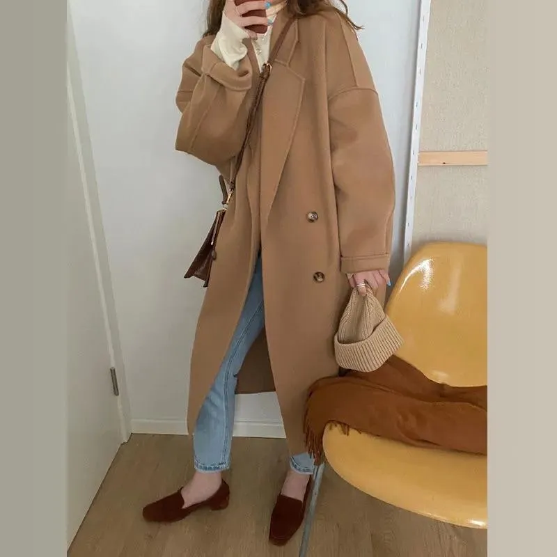 Damen Wollmischungen Herbst Winter Langer Wollmantel Frauen Koreanischer Stil Kunstjacke Vintage Einreihiger Mantel Elegant Slim Out