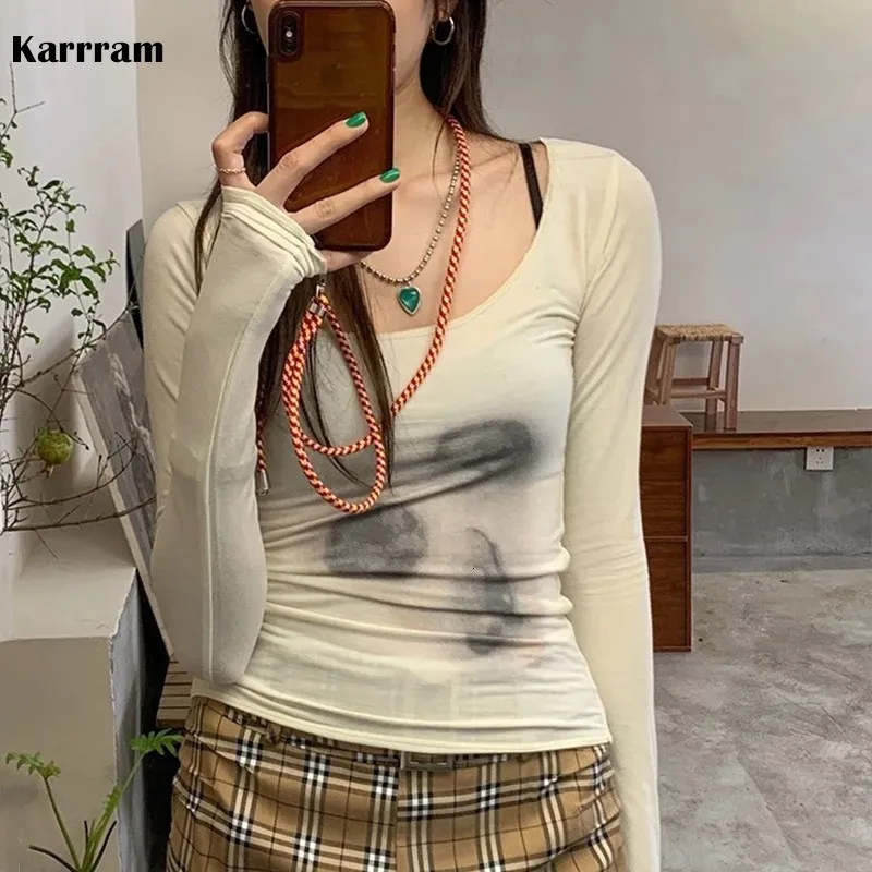 Koszulka Karram Karram w stylu Karram Mesh Top Women Tiew Dye Drukowane wydrukowane segmenty THIRTS Seksowne, Slim Półprzezroczyste Topy Grunge Tshirts Japońskie 230106
