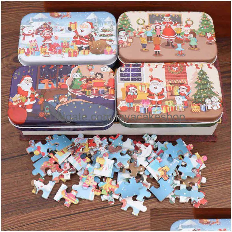 Feest gunst kerstdiy klein cadeau 60 stuks kinderen handgemaakte kerstman puzzel verbaasd houten garten kerstmas ijzeren doos geschenken drop d dhqfe