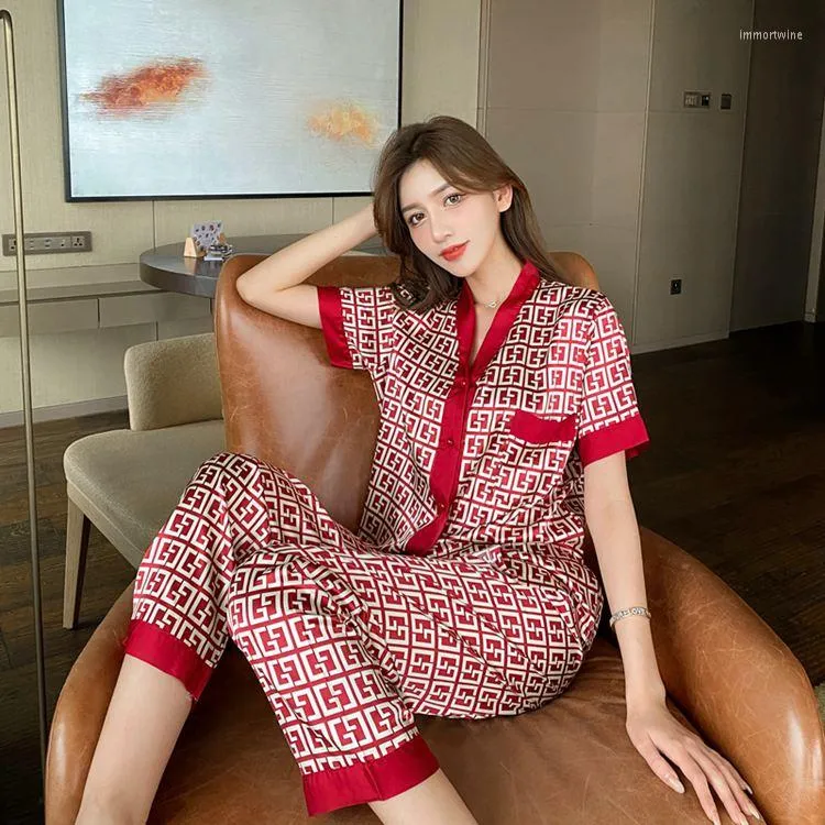 Women's Sleepwear JRMISSLI Women Pajamas Set Luxury Style Cross Letter Print Silk Pijama Leisure Home Clothes Nightwear Pyjama