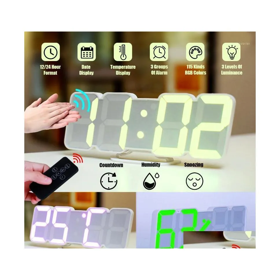 Duvar Saatleri 3D uzaktan kumanda dijital saat 115 RGB RGB LED Masa Ses Masası Alarmını Göster Sıcaklık Tarihi 1 Bırak Teslimat DH30O