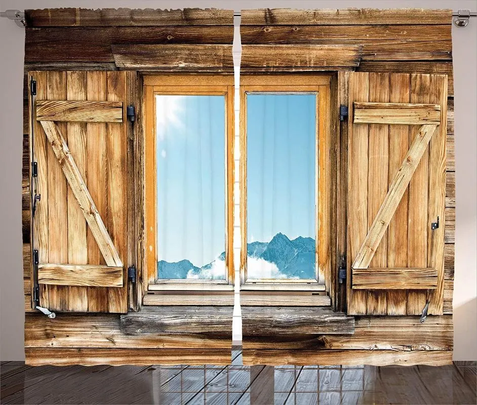 Zasłony kurtyny do salonu zwietrzała fasada refleksji górskiej chaty w oknach