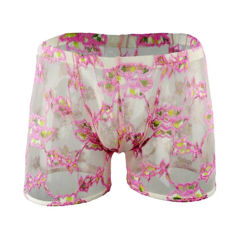 Underbyxor sissy spets underkläder män se genom boxare korta sexiga gay blommor trosor transparent manliga låghus shorts ihålig underlag