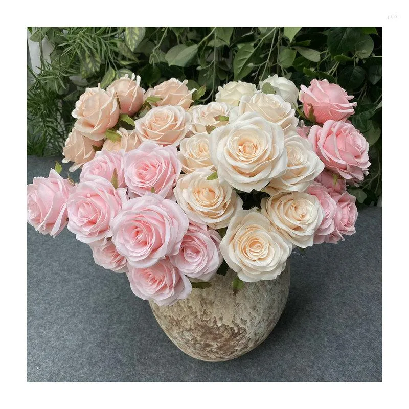 装飾的な花9.5cm 9roses / bouquet人工偽シルク粉っぽいピンクの白い結婚式の装飾パーティーディスプレイフローラルギフト秋色