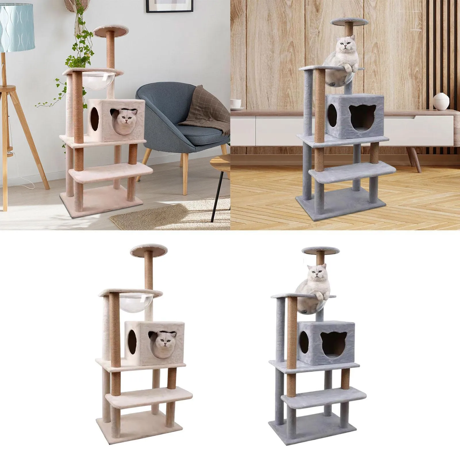 Multi Level Cat Scratching Post Cat Condo Climbing Stand Hammock Velvet Platform Velvet Cat Tree Towers for Grind Claws Kitty