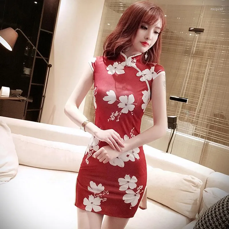 Vêtements ethniques Style chinois femmes rouge Cheongsam élégant Vintage Qipao robe discothèque fête Sexy dame moulante rétro Slim Mini robes