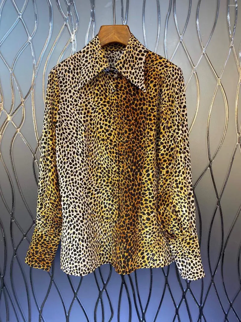 Frauen Blusen Seidenhemden 2023 Frühling Sommer Mode Frauen Umlegekragen Sexy Wilde Leopardenmuster Langarm Reine Bluse