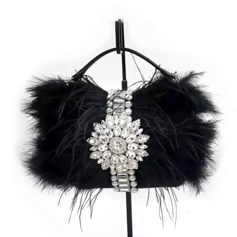 Evening Bags Luxury Real Ostrich Feathers Handbag Women's Pouch Purse Diamond Women Party Clutch Bag 230106