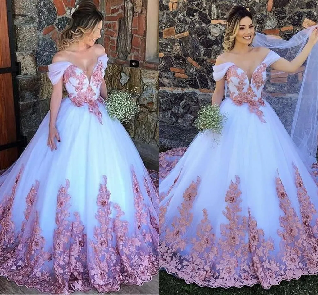 2023 Modest Pink Floral Lace Wedding Dresses Princess A-line Off The Shoulder Bridal Dress For Bride Long Train Vestiods De Festia