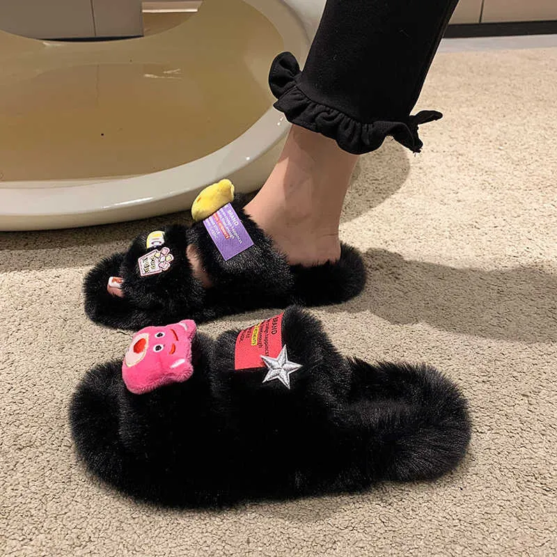 Laarzen Fashion Cartoon Character Slippers Autumn Winter Winter Dikke bodem Plush Flat Women Zapatos Mujer 221215