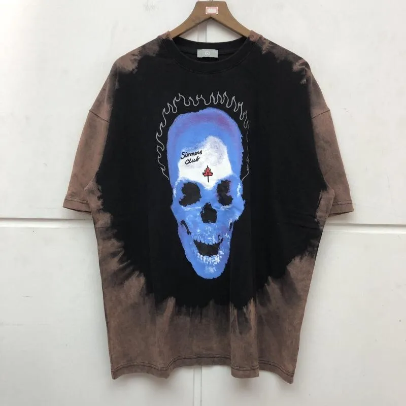 T-shirts pour hommes T-shirts Style d'été T-shirt surdimensionné de haute qualité Tie Dye Flame Skull Print Shirt Wash And Make Old Tops Tee Hommes Femmes