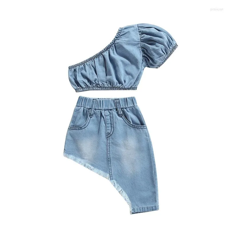 Completi di abbigliamento Eleganti vestiti per bambine in denim Set tinta unita Manica corta Top corto con spalle scoperte Gonna con orlo irregolare 1-5 anni