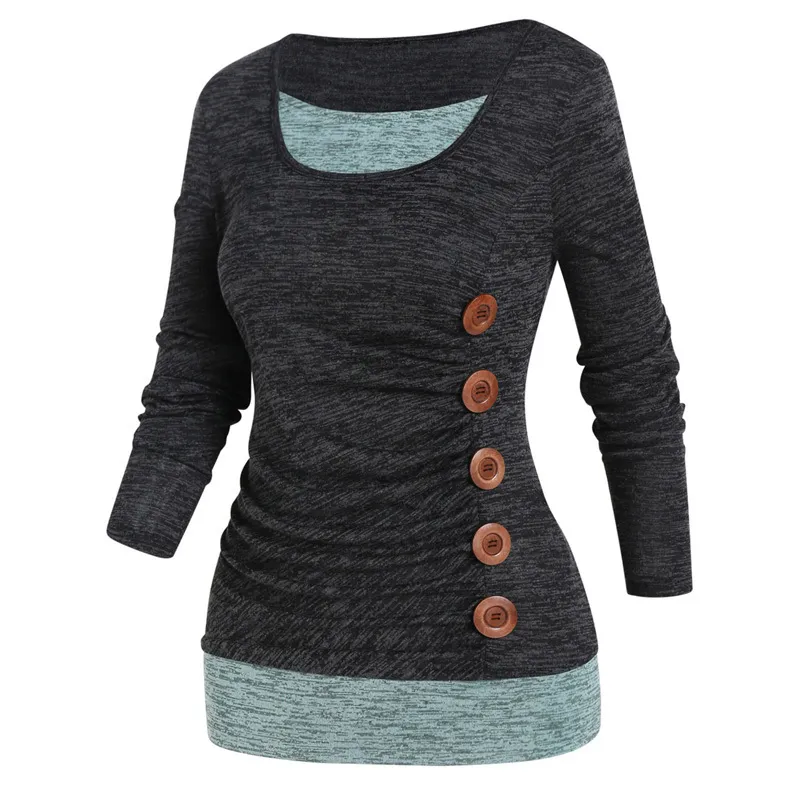 Kobieta T -T -THIRT Moda z długim rękawem T -Size Thirt Space Contrast Contrast Colorblock Mock Button Faux Twinset Tops For Women 230106