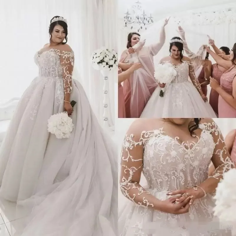 2023 Robes de mariée de taille plus longues manches illusion dentelle applique bijou col transparent perles perles sur mesure robes de mariée chapelle 328 328