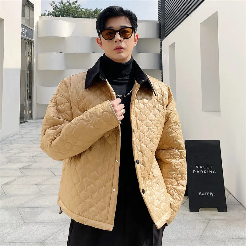 Herenjacks corduroy Korean chic splicing shirt kraag kort profiel lichtgewicht katoen oversized gewatteerde jas winter 230106