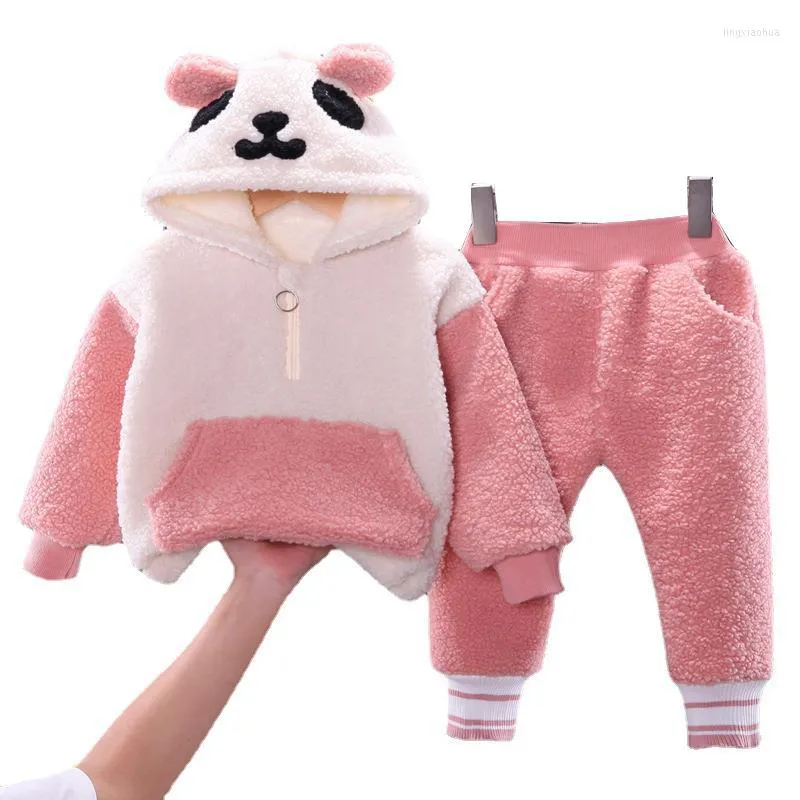 Roupas conjuntos de inverno meninos meninas roupas quentes roupas espetadas de pelúcia 2023 flanela panda capuz calça infantil trajes de traje bebê para crianças conjunto