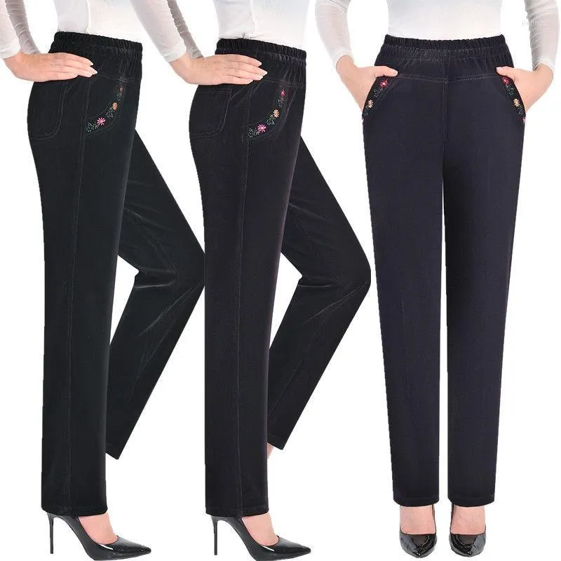 Kvinnor Pants Women 2023 Autumn Winter medelålders corduroy kvinnlig hög midja raka damer blommor broderibyxor Q680