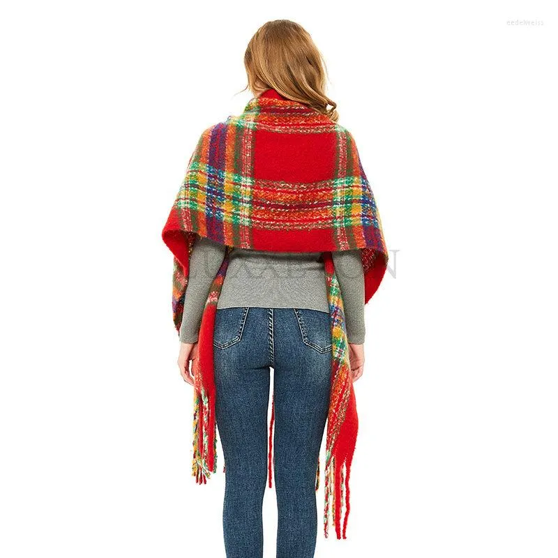 Scarves Autumn And Winter Loop Yarn Polyester Women's Warm Thickened Thick Beard Tassel Fine Plaid Scarf Shawl