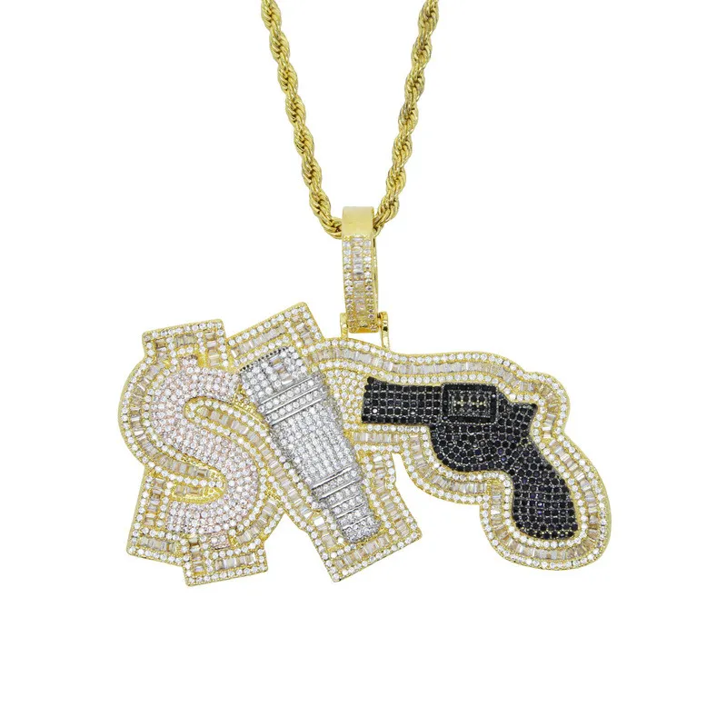 New Trendy Gold Plated Full Bling CZ Gun Pendant Collana per uomo Donna con gioielli Hip Hop con catena a corda da 24 pollici