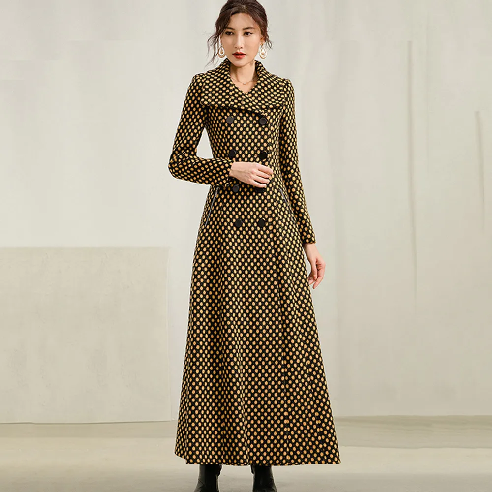 Damen Wollmischungen Frauen Langer Mantel Herbst Winter Mode Eleganter dicker quadratischer Kragen Gelb Polka Dot und Mantel Schlanke Oberbekleidung 230107