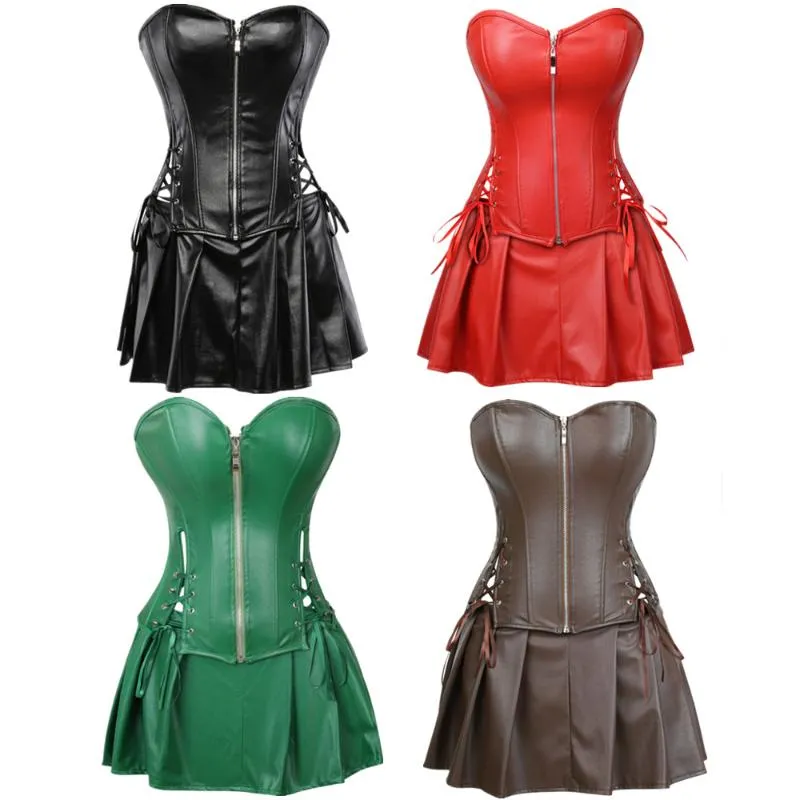 Bustiers  Corsets Punk Style Push Zip Up Women's Corset Dress Plus Size Slimming Body Shapewear Gothic Faux Leather With Skirt