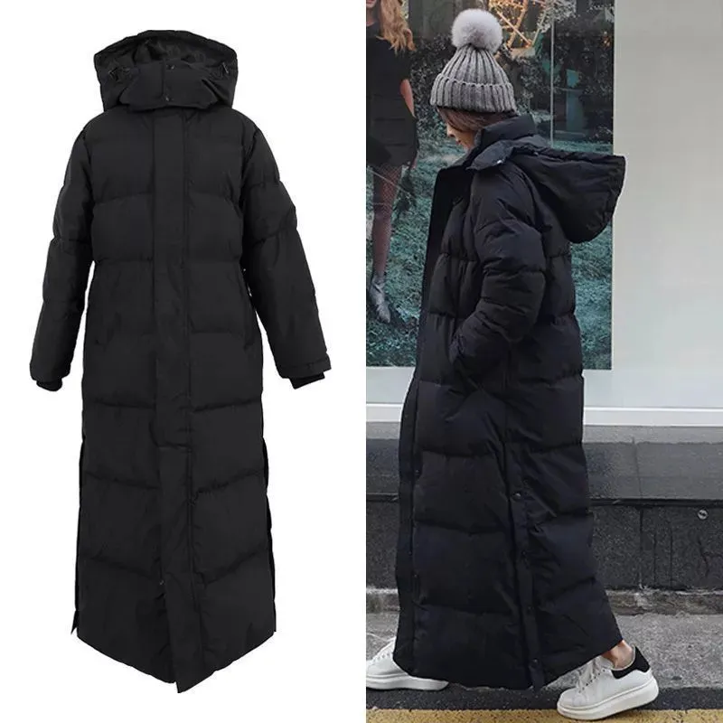 Parkas feminina em Parka Super Long Jacket Knee Winter Woman com casaco preto grosso em 230107
