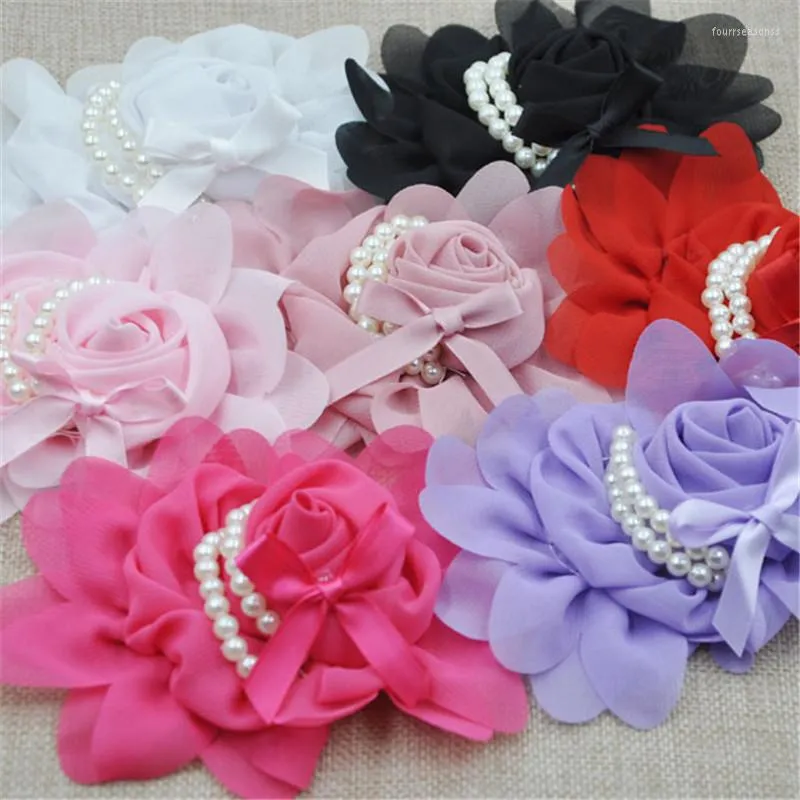 Decorative Flowers 1pcs Big Chiffon Rose Flower Pearls Headband-Wedding Appliques B182