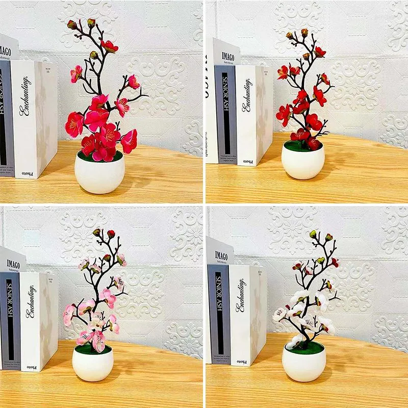 Dekorativa blommor 1pc konstgjorda plommonblommor växter potten falska bonsai silkedekoration för trädgård hemmakontor