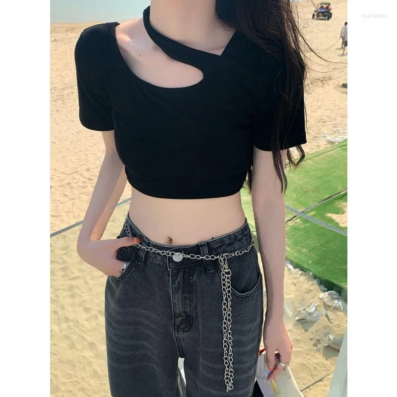 Women s Polos Design Slanting Neck Cropped Belly Button T shirt